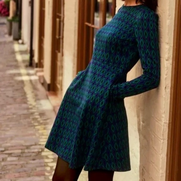 BODEN Jacquard Knit Atlantic Azure Diamond Print Dress Puff Sleeves Size 16 18 - Picture 5 of 16